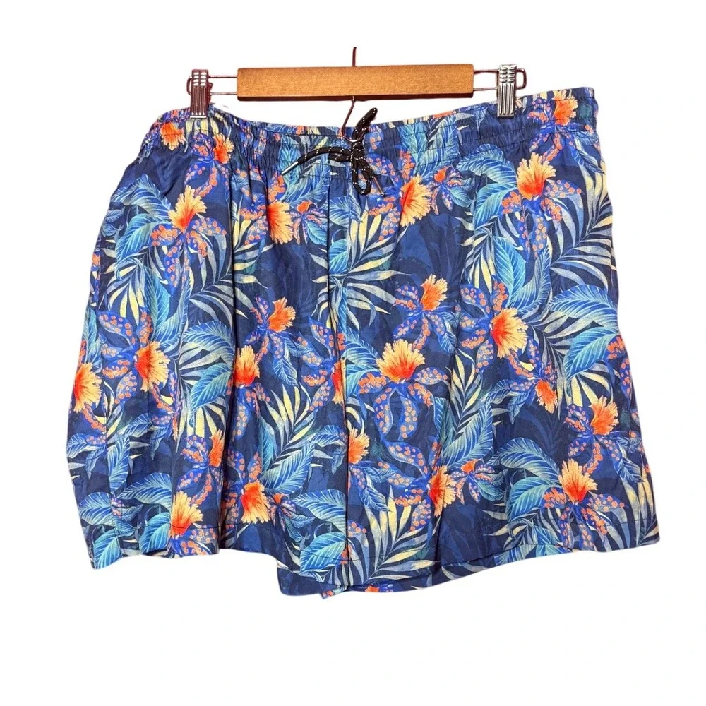 Unbranded Men 3X‎ Navy Blue Tropical Floral Palm Print Swim Trunks Board Shorts